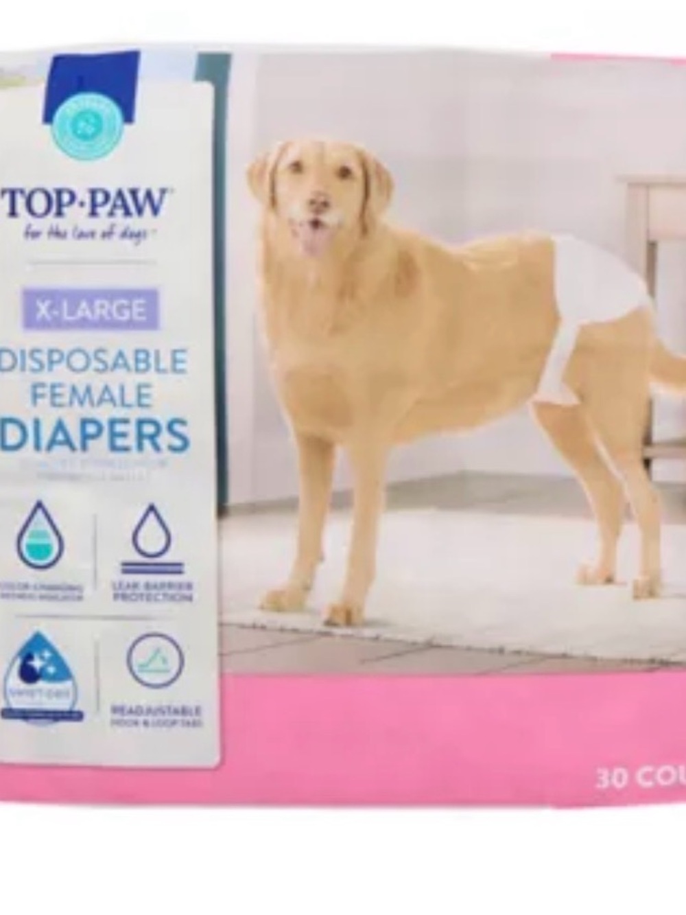 Top Paw X-Large Disposable Female Dog Diapers — White & Pink Packaging